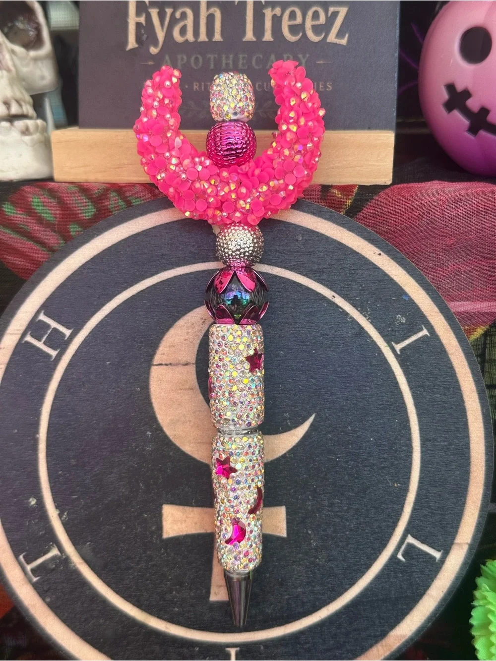 Handmade Pink Crescent Moon Rhinestone Pen – Beaded Statement Pen